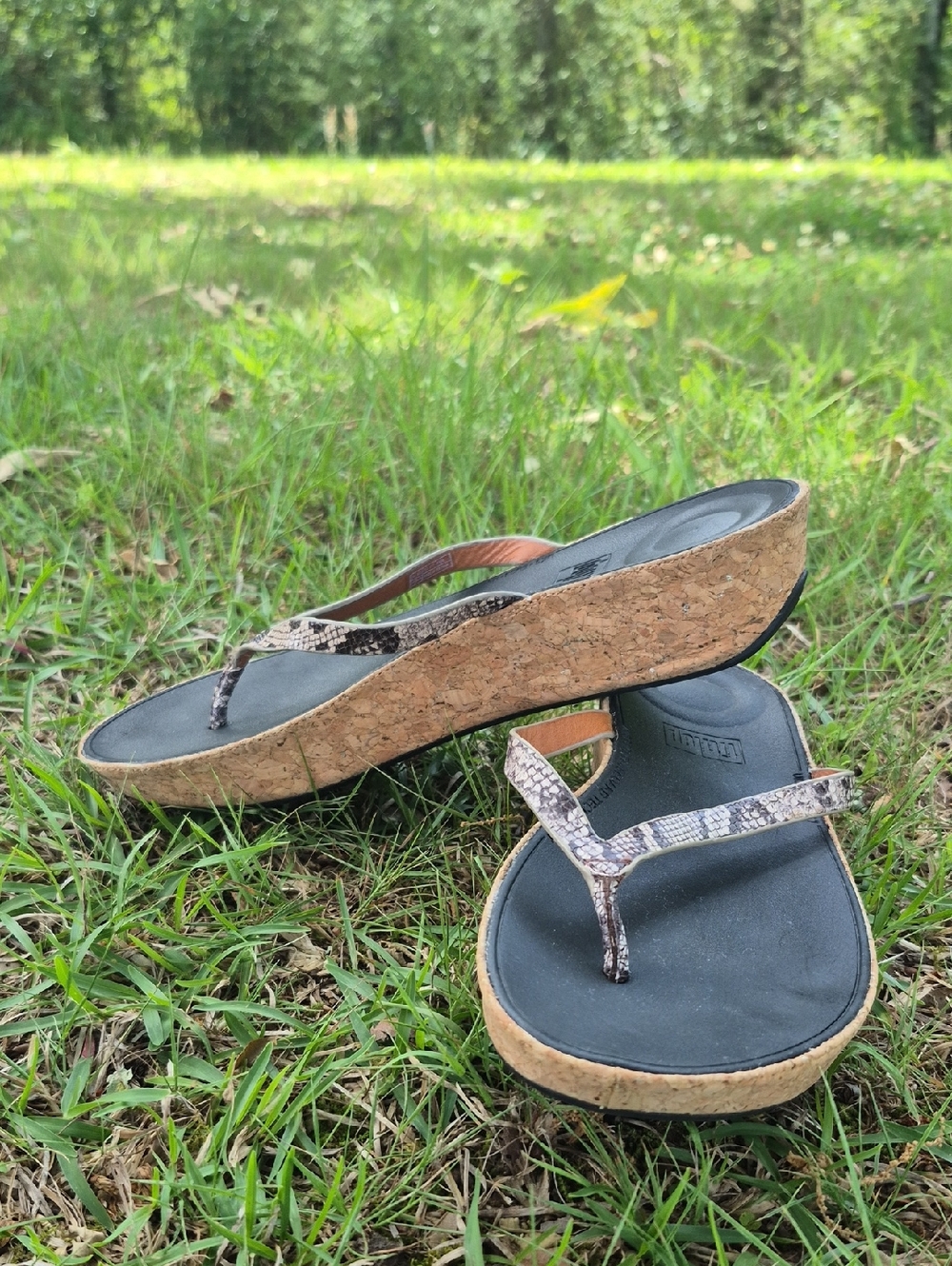 Fitflop Sparkle Cork Wedge  Sandals with Snake Print Straps